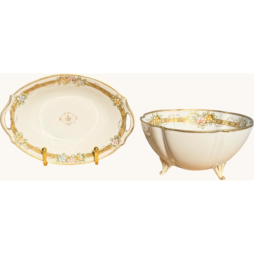 Antique Nippon Porcelain Hand Painted Bowl & Oval Dish Set
